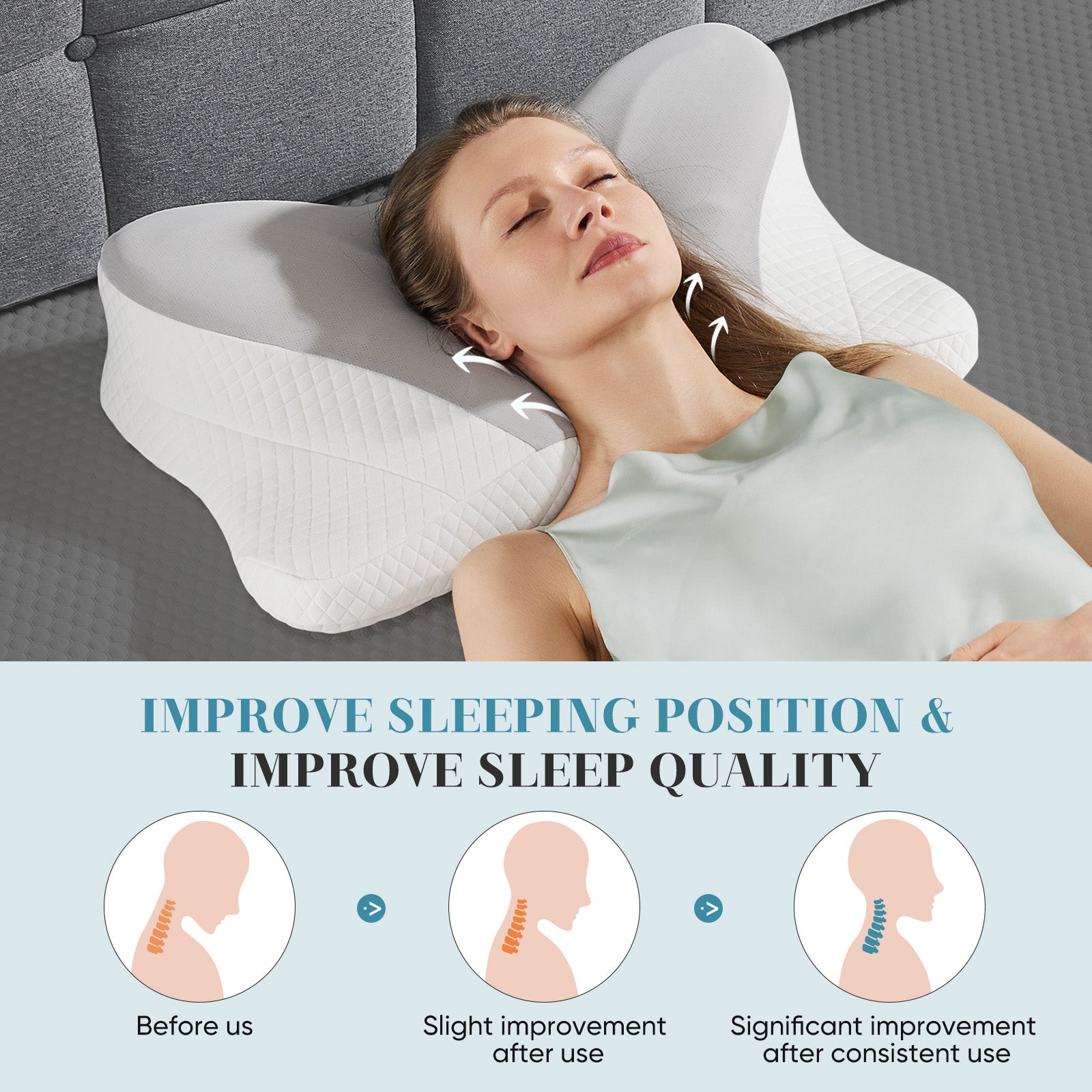 Woman sleeping on her back on the NuchaRest pillow with her neck supported