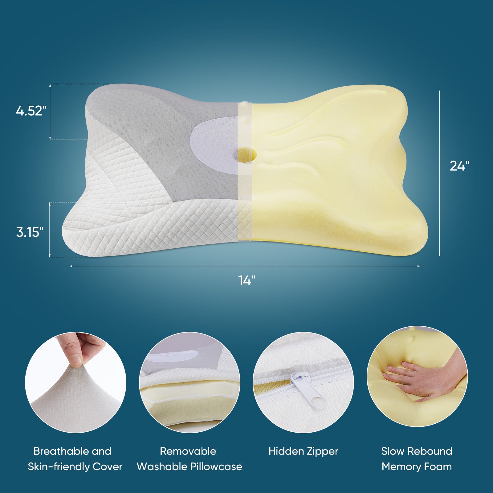 NuchaRest pillow dimensions, removable washable cover and slow-rebound memory foam